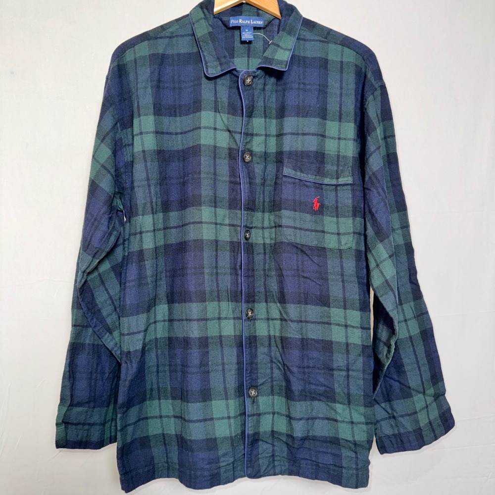 Polo‎ Ralph Lauren Mens M Flannel Pajama Top Plaid Cotton Green Blue Sleep Shirt